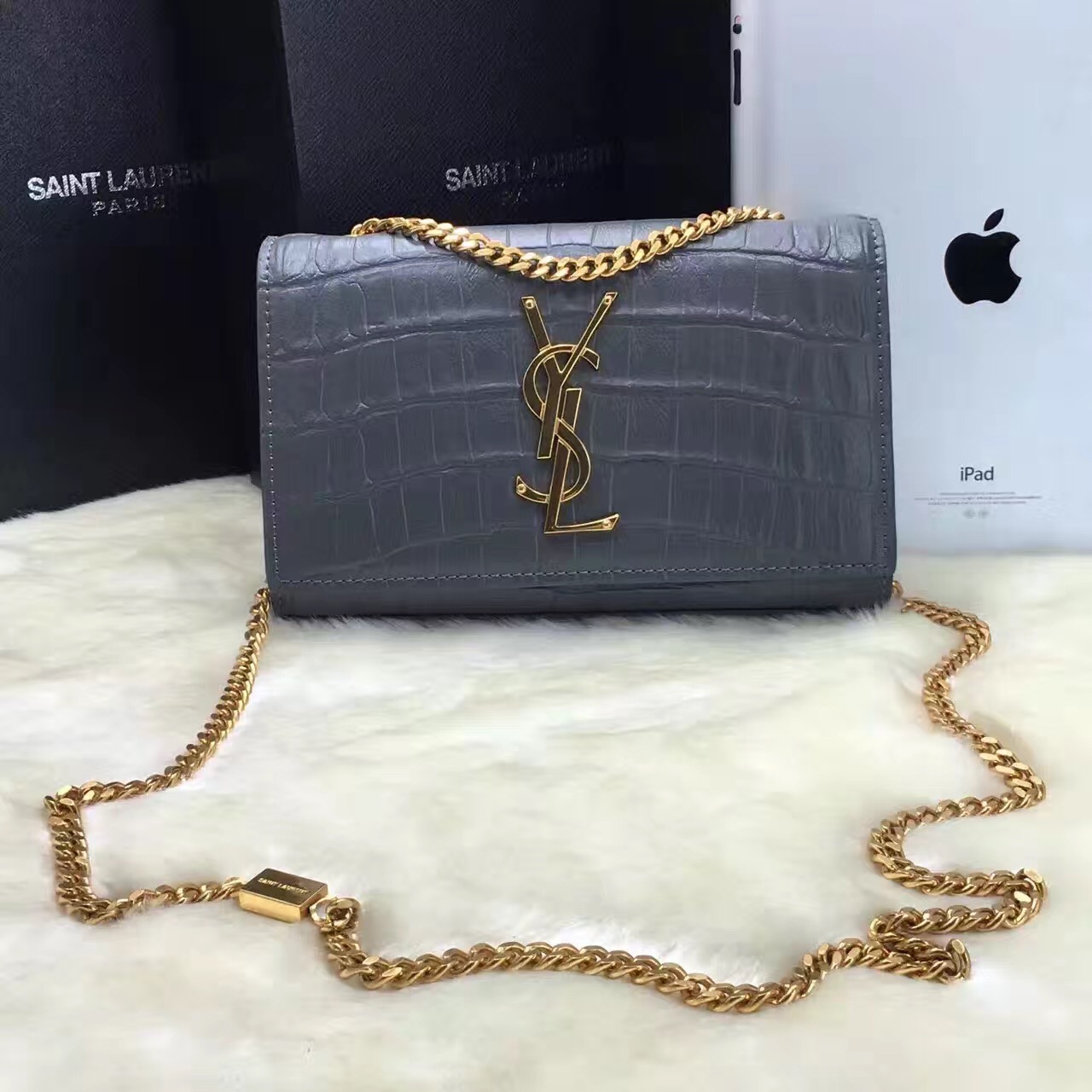 YSL Monogram Chain Bag 22cm Croco Grey Gold [YSL2017-1611] - $226.50 ...